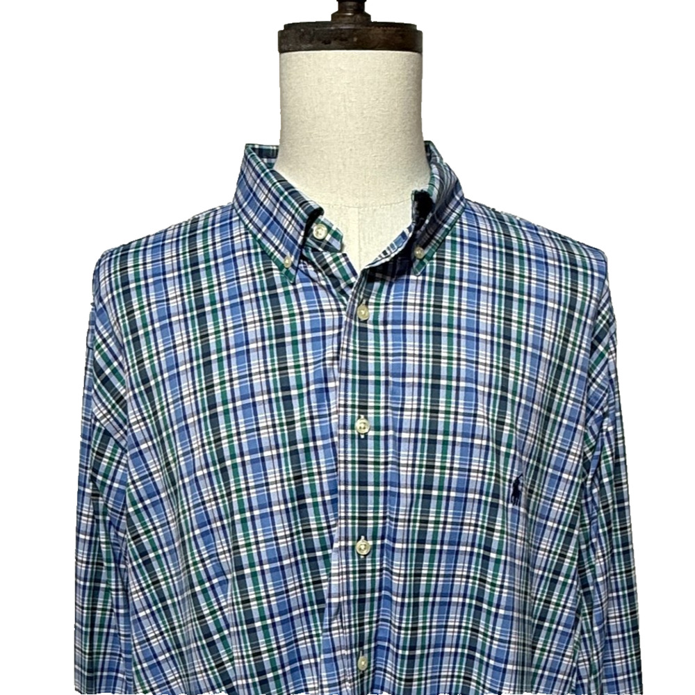 Ralph Lauren Shirt Mens 2XB Blue Green Plaid Performance Stretch‎ Nylon Preppy